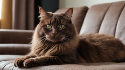 Obraz premium Chocolate british longhair cat lying on sofa at home