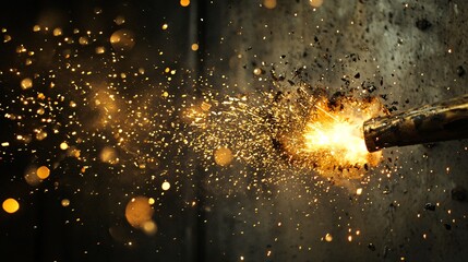 A close-up of a blowtorch producing intense golden sparks against a metal surface, creating a dramatic industrial and fiery effect.