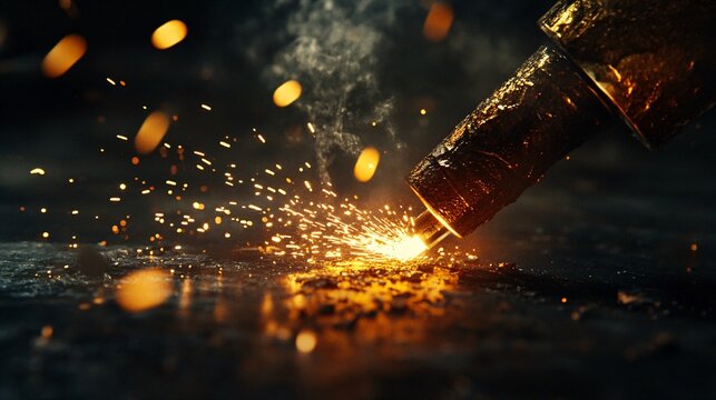 Close-up of a blowtorch producing intense sparks and heat on a metal surface, with glowing embers and smoke in a dark setting.