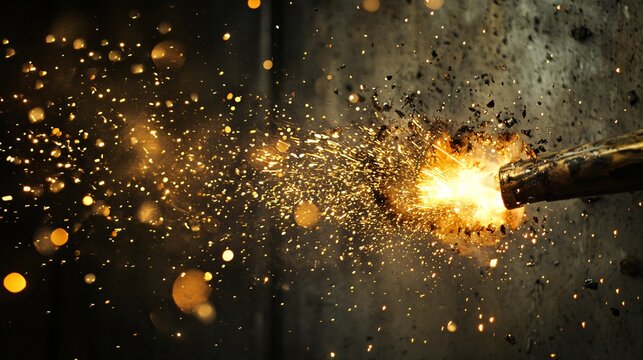 A close-up of a blowtorch producing intense golden sparks against a metal surface, creating a dramatic industrial and fiery effect.