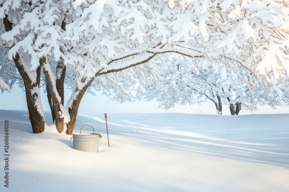 Poster snow-covered maple trees with visible spiles and buckets early morning light casting long shadows cr