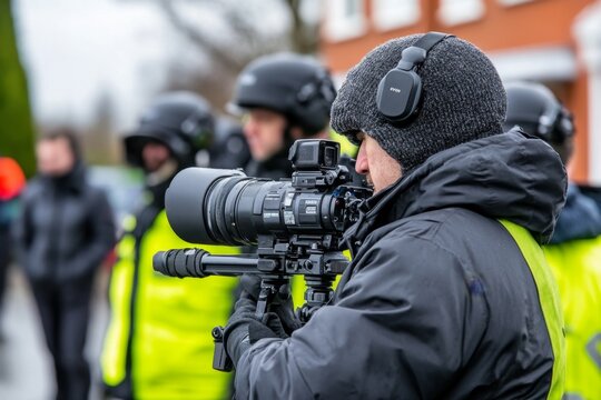 A group of reporters covering a major news event on the field