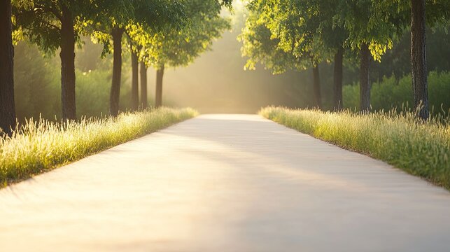 tree-lined path with sprouting grasses along edges bathed in golden morning sunlight