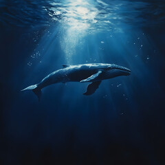 Fototapeta premium A majestic whale swims gracefully in deep blue water, illuminated by soft sunlight.