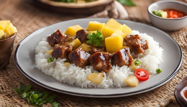 Philippine cuisine Hamonado pork with pineapple and garnish of rice close-up on a plate. horizontal top view from above
