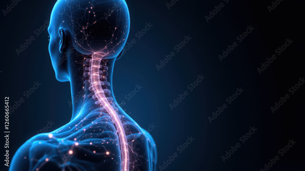 Poster illustration of human head with highlighted vns device and targeted neural pathways for vagus nerve 