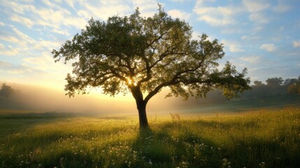 Fototapeta premium Sunlit oak tree in misty meadow at sunrise