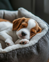 Naklejka na ściany i meble Sleeping puppy resting in cozy dog bed with soft blankets.