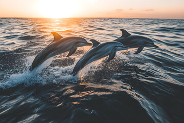 Dolphins leap gracefully over ocean waves during a vibrant sunset. Dolphin Awareness Month 