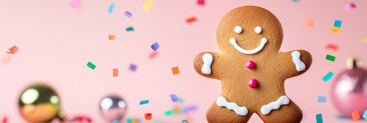 Obraz premium Festive Gingerbread Man Illustration - A cheerful gingerbread man amidst colorful confetti, symbolizing joy, celebration, sweetness, the holiday season, and festive baking