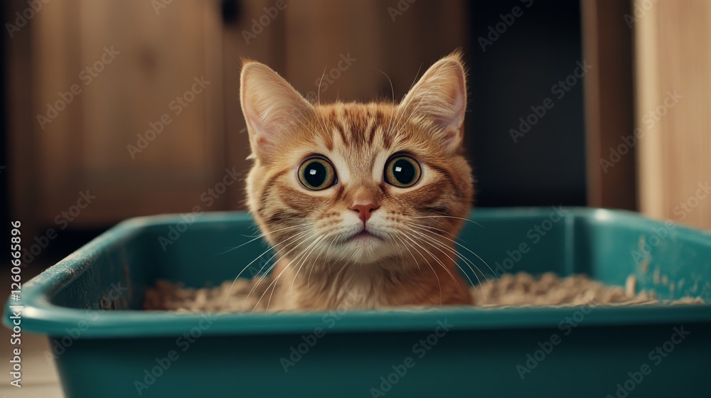 Poster an amusing scene of a cat looking surprised while peeking out from a litter box, with scattered litt