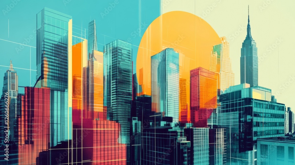 Poster an artistic representation of a city skyline in a modern graphic style, featuring bold lines and geo