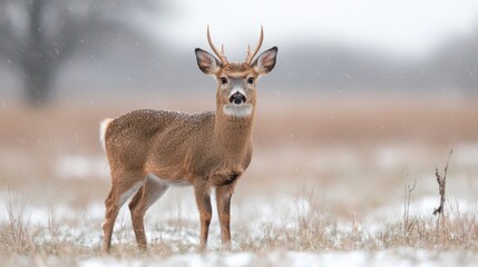 Obraz premium Whitetail deer in snowy field, winter scene. Wildlife photography for nature publications