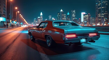 Vintage muscle car on the night street with neon light. 80s styled synthwave retro scene with powerful drive in evening