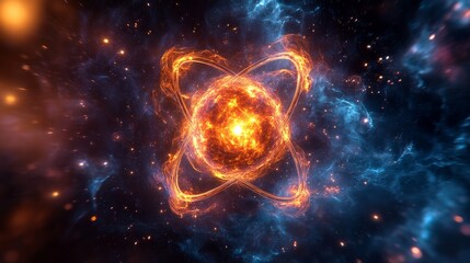 Fiery Cosmic Core - A vibrant of a fiery cosmic core with orbiting energy, set against a backdrop of nebulae and stars