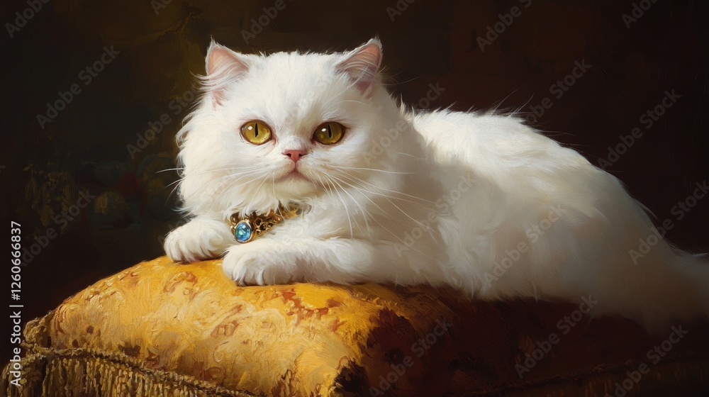 Poster an elegant white persian cat wearing a sparkling collar with a small gem, resting on a luxurious cus
