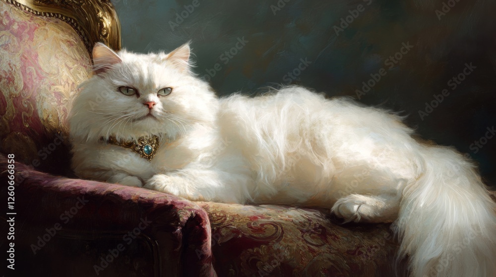 Poster an elegant white persian cat wearing a sparkling collar with a small gem, resting on a luxurious cus