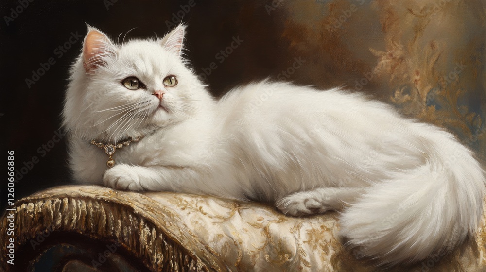 Poster an elegant white persian cat wearing a sparkling collar with a small gem, resting on a luxurious cus