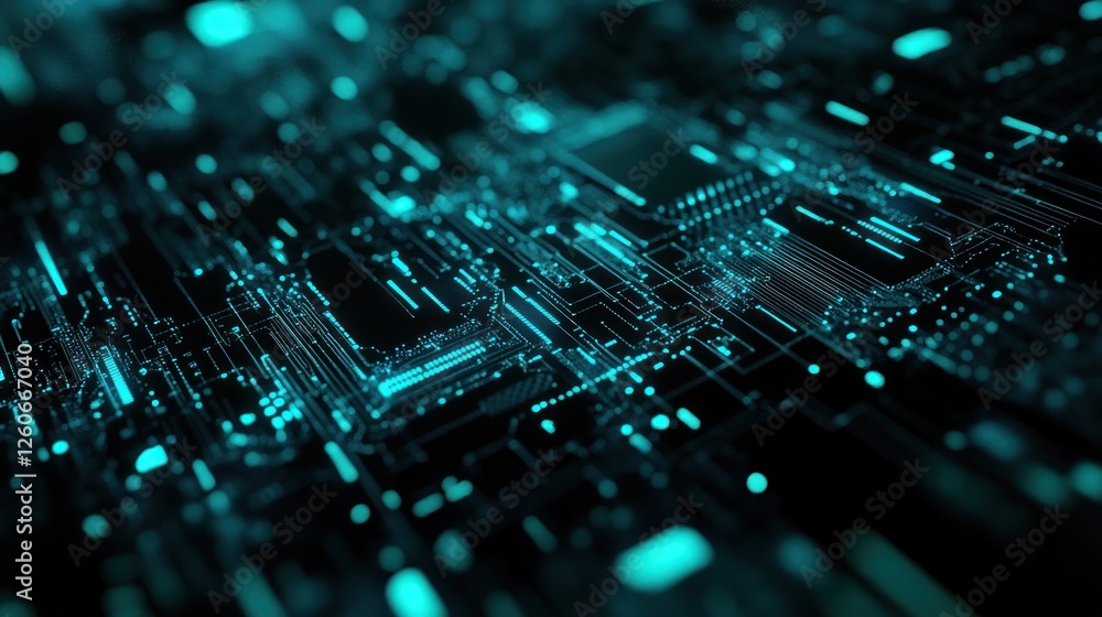 Aufkleber abstract close-up of a futuristic circuit board with glowing blue elements in a tech environment