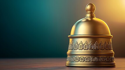 A polished golden service bell on a wooden surface, illuminated by warm light in a serene setting