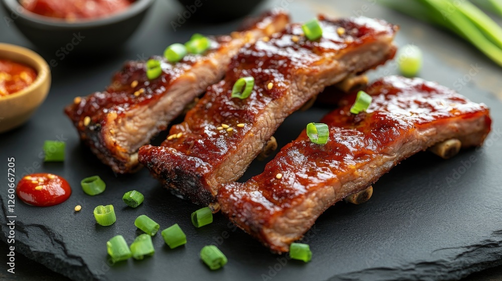 Poster an inviting table setting featuring fried pork ribs with a garnish of green onions and chili, surrou