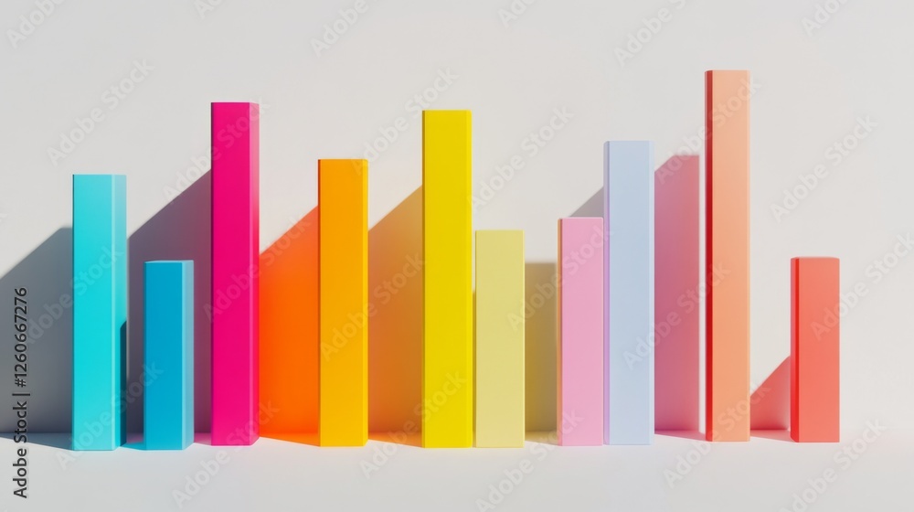 Poster a d bar chart with vibrant bars in varying heights, placed on a white background with clean shadows 