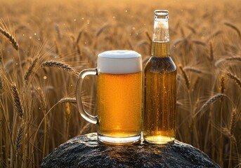 Photo of a beer glass and a beer bottle placed side by side on a rock, no lid