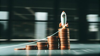 Growing investments concept with stacked coins and rocket launch, symbolizing financial growth and exponential success
