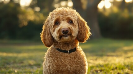Fototapeta premium Cute brown poodle dog sitting outdoors in sunlit park