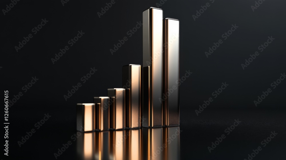 Leinwandbilder A D financial bar graph with metallic bars, representing revenue comparison between different companies, placed on a reflective surface with a sleek black background.