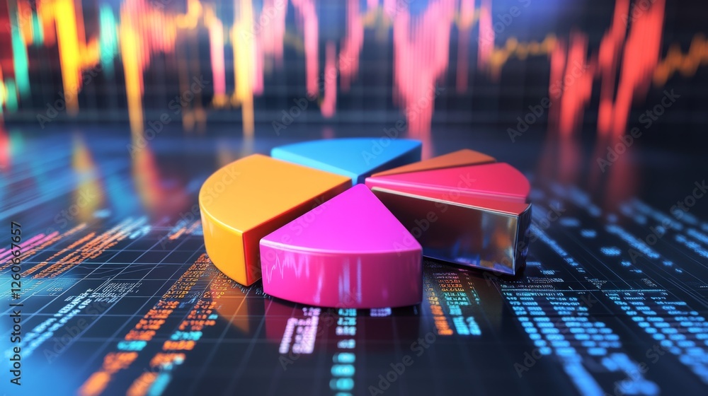 Poster a d financial pie chart with vibrant colors, representing different revenue streams, set against a d