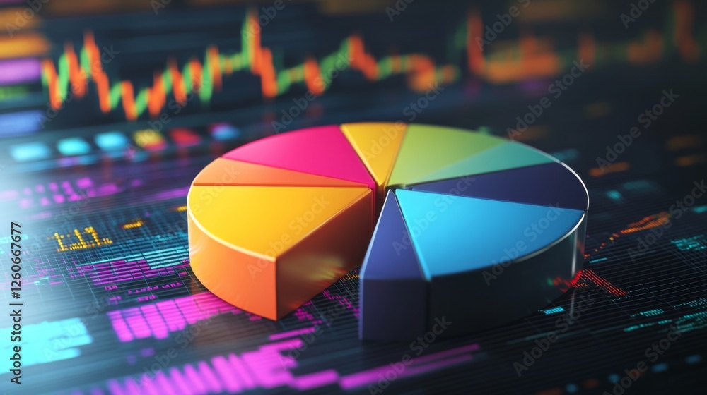 Poster a d financial pie chart with vibrant colors, representing different revenue streams, set against a d