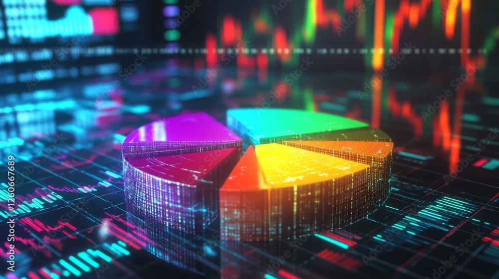 Poster a d financial pie chart with vibrant colors, representing different revenue streams, set against a d