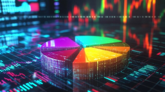 A D financial pie chart with vibrant colors, representing different revenue streams, set against a digital background with stock market graphs in the distance.