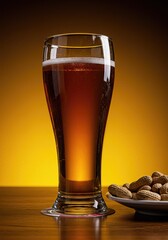 Photo of a beer next to a plate of peanuts