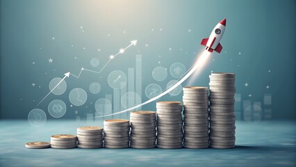 Growing investments concept with stacked coins and rocket launch, showcasing financial growth and skyrocketing profits