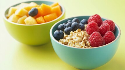 Colorful fruit and granola bowls with fresh berries on bright background