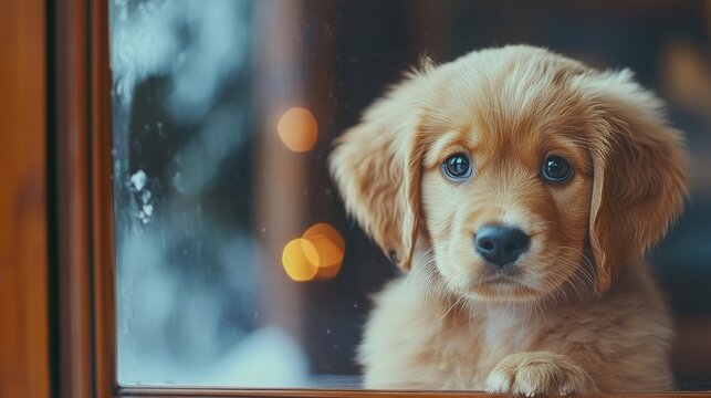 Adorable golden retriever puppy looking through a window on a snowy day