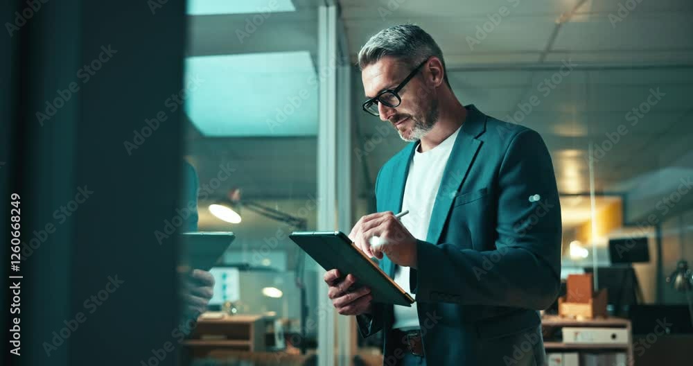 Poster research, stylus and man with tablet, office and trader with info for stock market, night and online