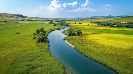 Naklejka premium Aerial view of a winding river through lush green fields and rolling hills on a sunny day