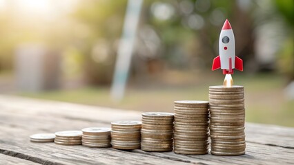 Growing investments concept with stacked coins and rocket launch, representing financial growth and high-performance investments
