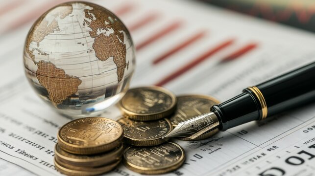 Global economics symbolized by globe, coins, and fountain pen on financial report