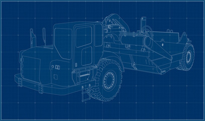Obraz premium Scraper in perspective view. Blueprint of a quarry tractor. Drawing of heavy equipment on a blue background.