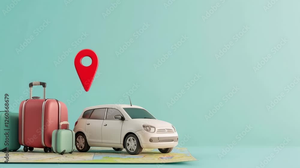 Poster minimalist animated scene depicting white car and luggage positioned on geographical map with locati