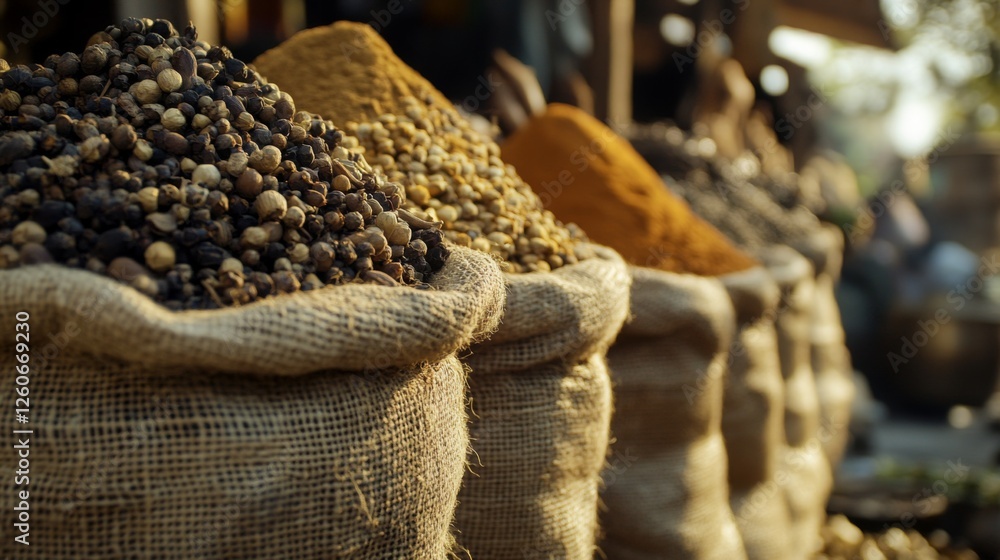 Poster a captivating image of a spice market with vibrant spices in burlap sacks, emphasizing the key ingre