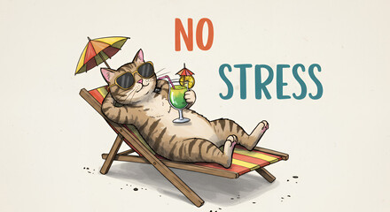 A hand-drawn illustration of a tabby cat lounging on a beach chair, enjoying a tropical drink with an umbrella.