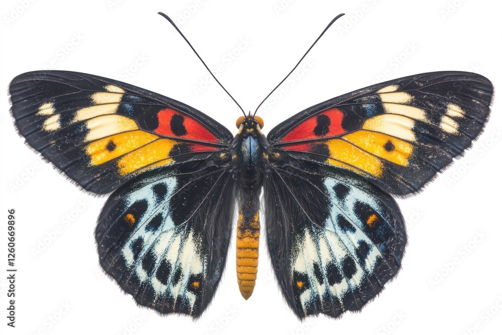 Aufkleber vibrant butterfly displaying intricate wing patterns, resting on a natural surface with soft lightin
