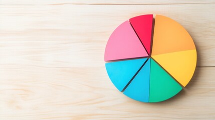 Obraz premium A close-up of a financial pie chart displaying customer demographics, with distinct colors for age groups and gender, arranged on a light wooden background for contrast.