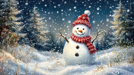 Obraz premium Smiling Snowman in Snowy Forest Scene; Festive Winter; Illustration
