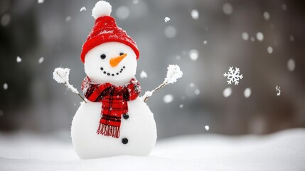 Fototapeta premium Snowy Day Snowman, Festive Winter Scene, Snowfall, Cheerful, Christmas, Holiday, Cute